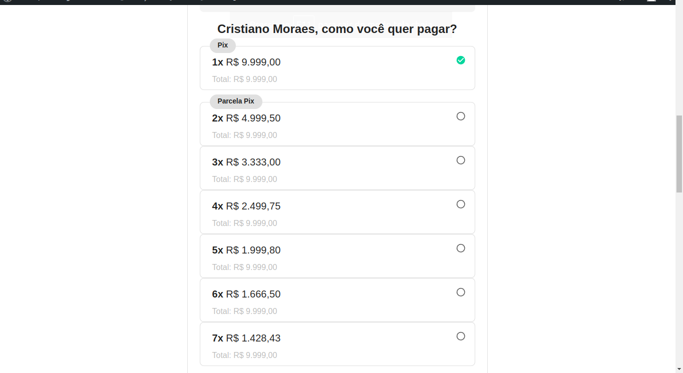 Checkout com o número máximo de parcelas